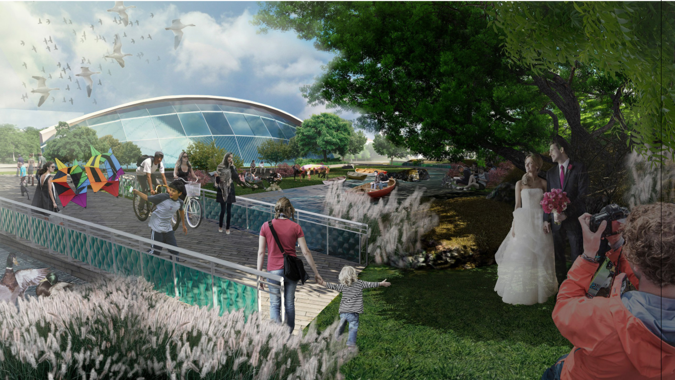 Rendering of a teal-glazed footbridge railing leading toward a domed glass hall, with a wedding couple under a large tree and birds overhead