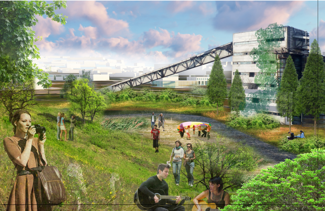 Rendering of a grassy slope with a steel conveyor gantry and a concrete industrial tower, with musicians and a photographer in warm evening cloud