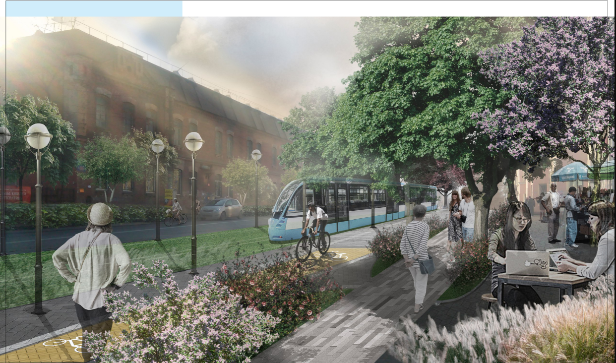 Rendering of a tram line and bike lane beside a brick building, with a woman working on a laptop under a flowering tree