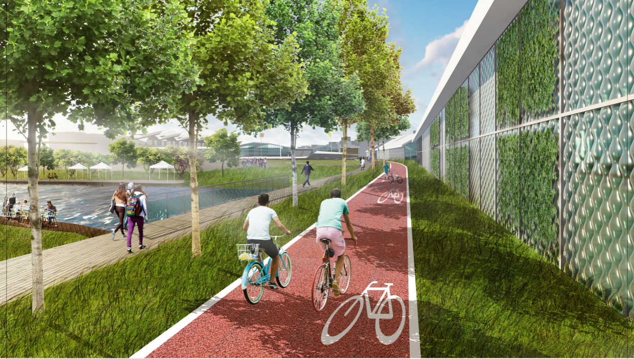 Rendering of a red cycle path running between a waterside boardwalk and a facade covered in green panels, with two riders under tall trees