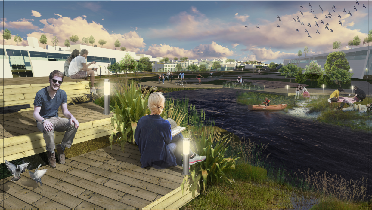 Rendering of timber decking with lamp bollards beside a dark water channel, a canoe and picnickers, with birds crossing a pink dusk sky