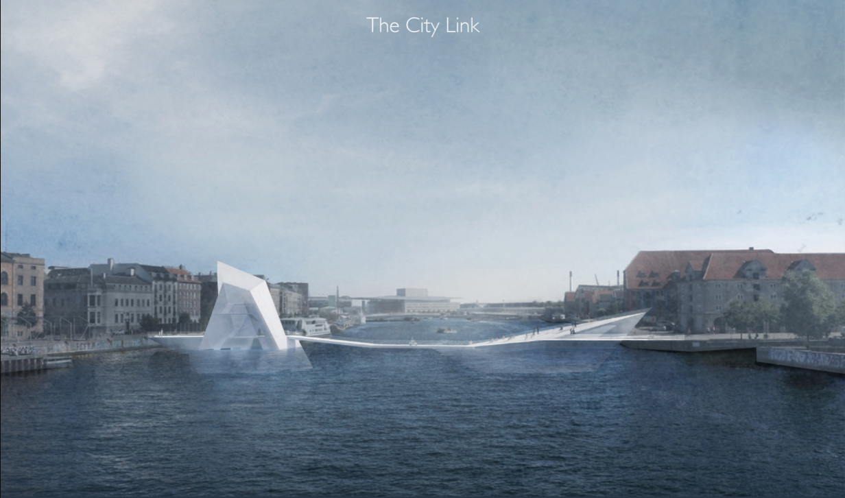 The Iceberg Bridge emerges from the canal, symbolizing melting glaciers within an urban landscape.
