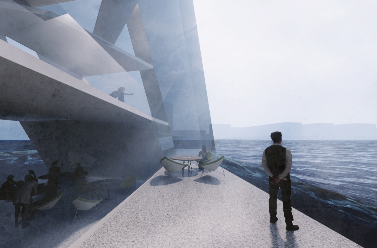 Interior climate exhibition space overlooking projected sea levels past, present, and future.