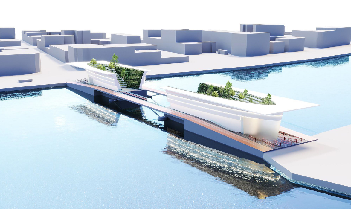 Aerial perspective of Ripple Bridge connecting two urban districts with integrated green terraces.