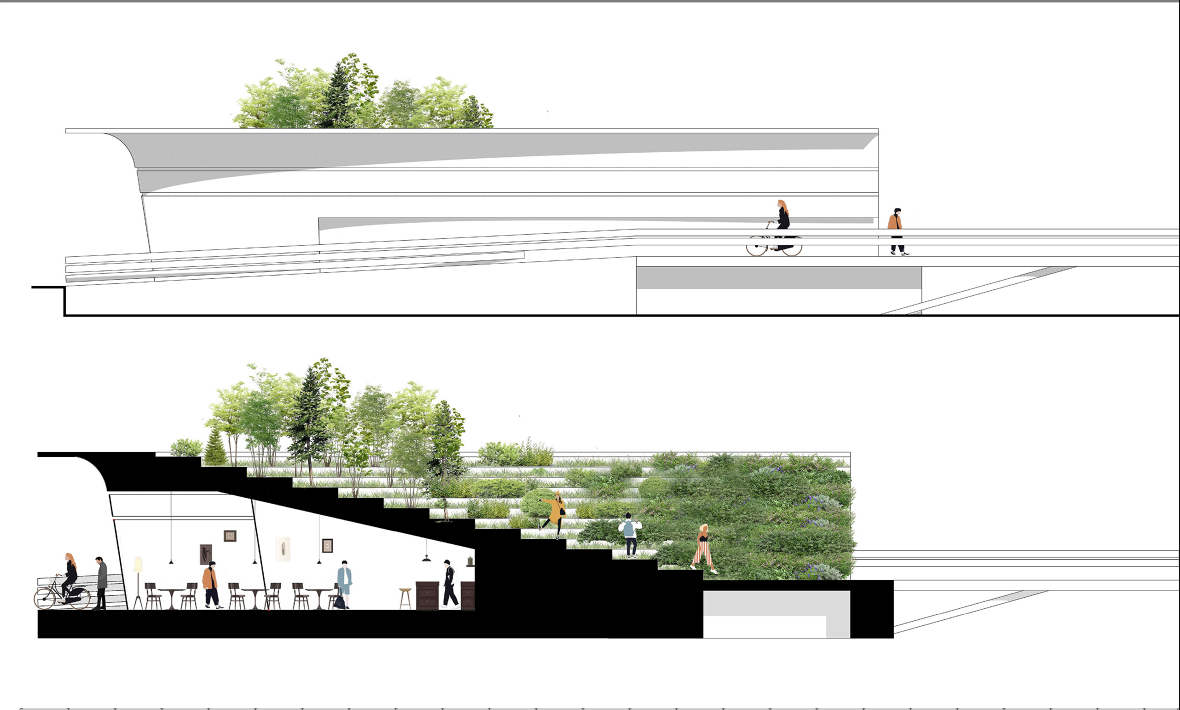 Sectional drawing showing separated pedestrian and cycling routes beneath the landscaped amphitheater.