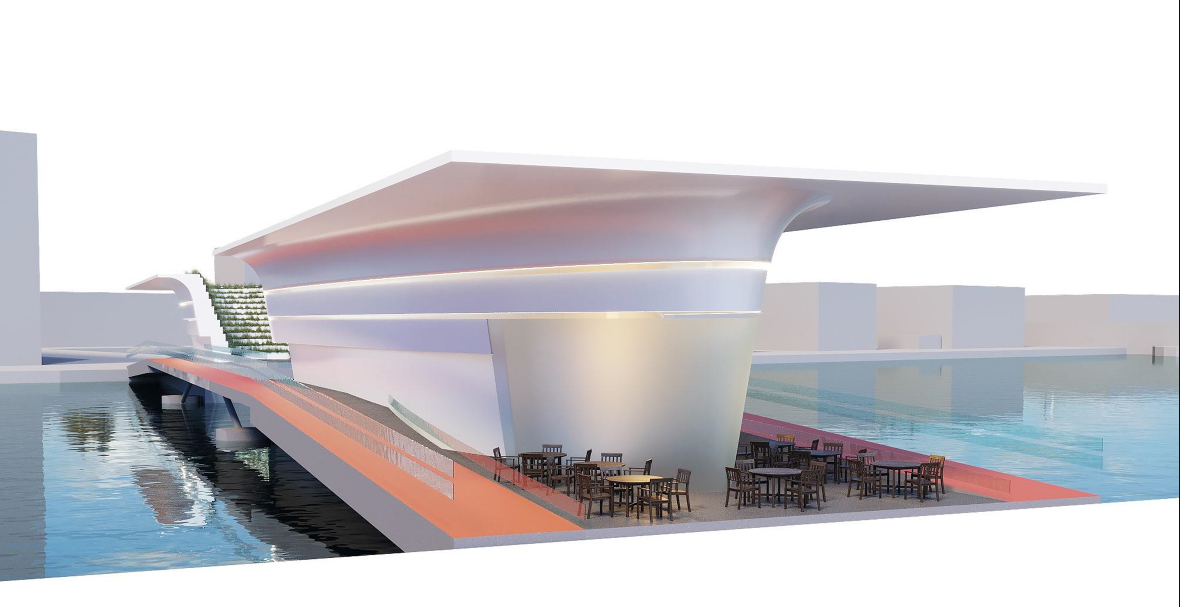 3D visualization of the café terrace and sculptural upper volume overlooking the river.