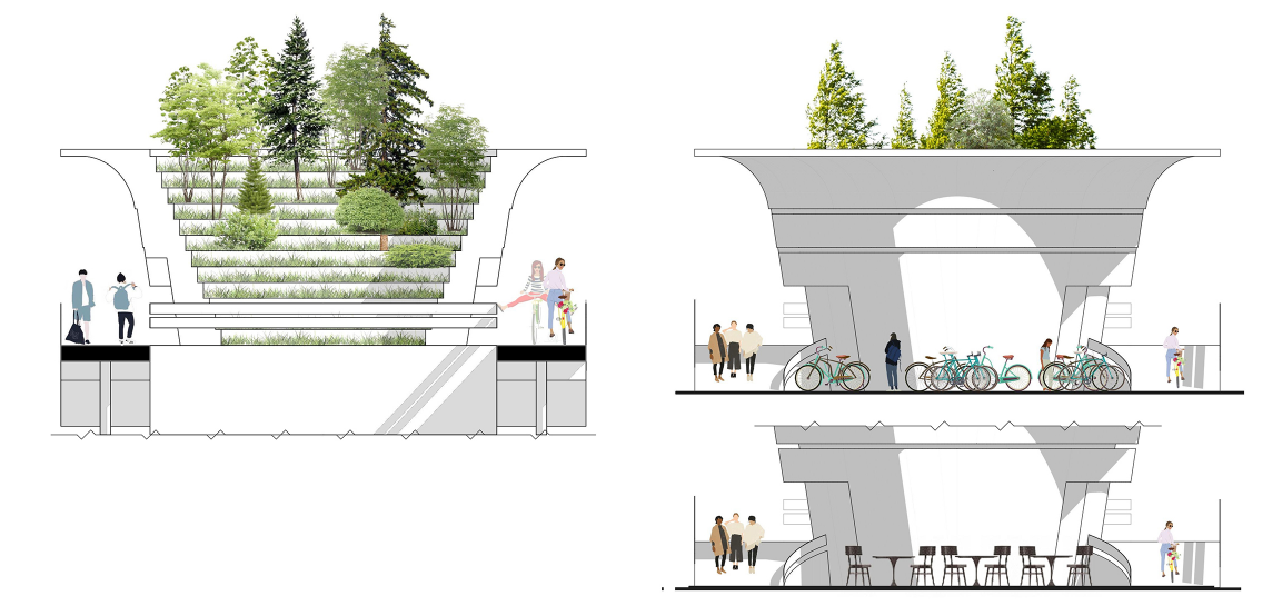 Cross-sections highlighting the stepped green amphitheater and integrated bicycle infrastructure.