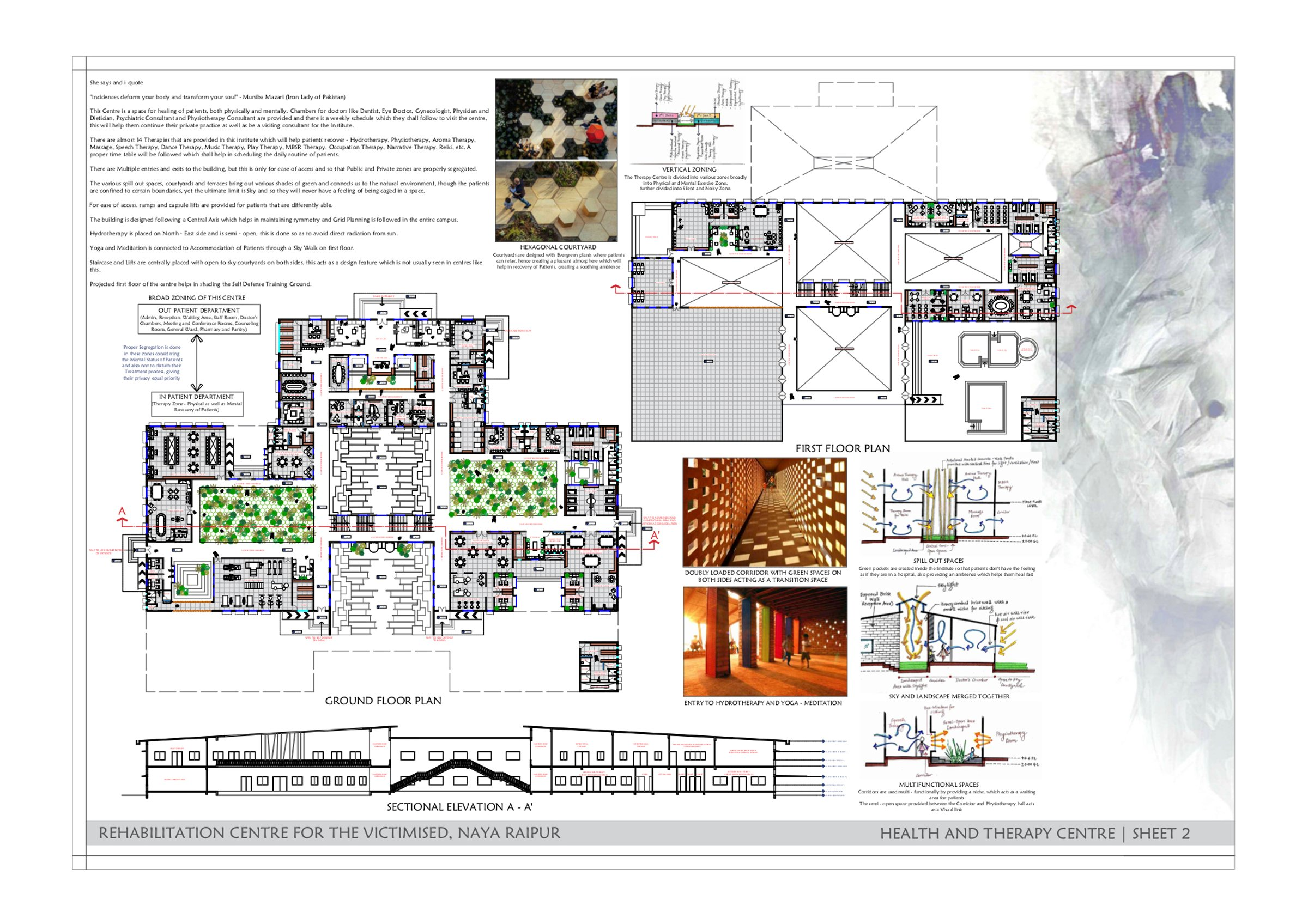 Ground and first floor plans of the Health and Therapy Centre organized around courtyards for light, ventilation, and emotional healing.