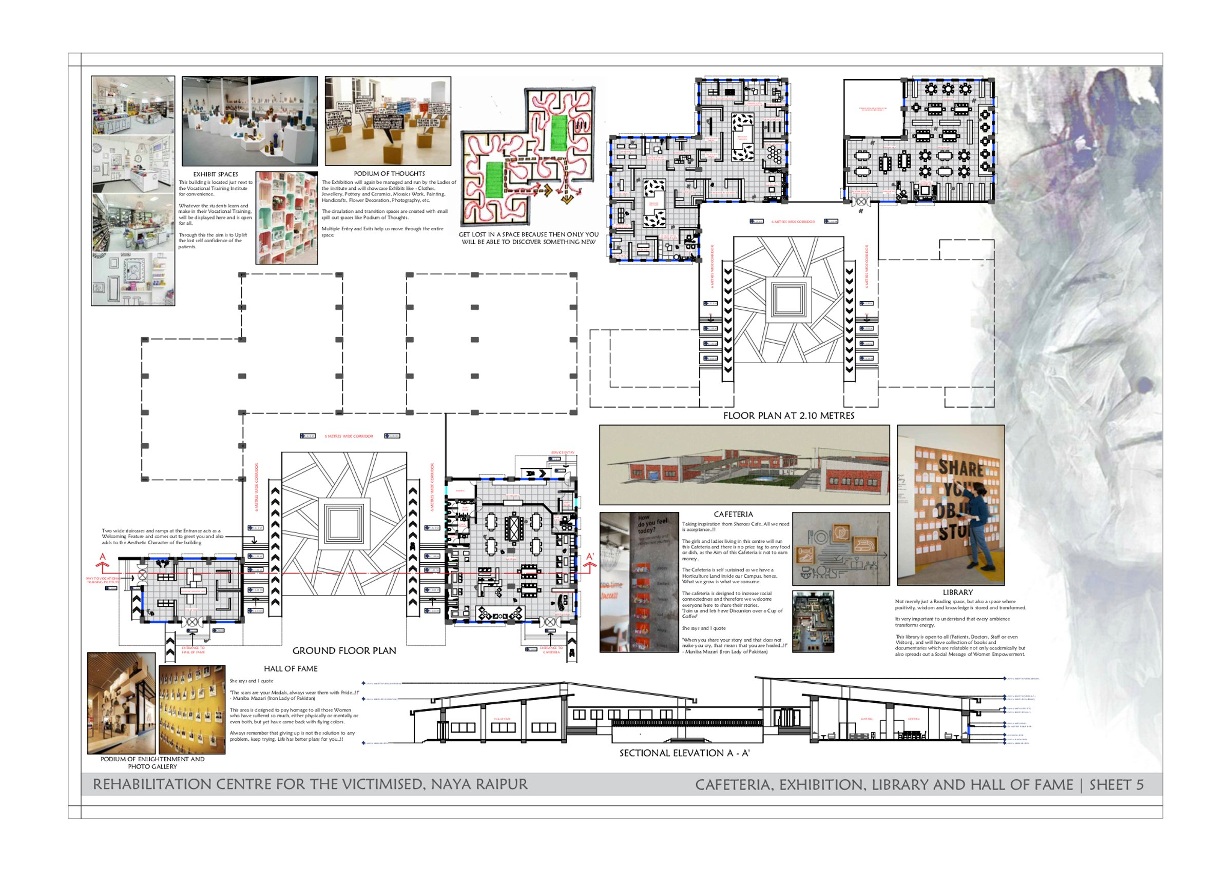 Cafeteria, exhibition, library, and Hall of Fame forming the public engagement spine of the rehabilitation campus.