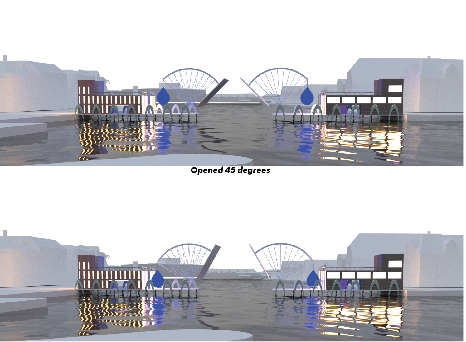 The kinetic opening mechanism at 45 degrees, transforming infrastructure into a dynamic urban event.