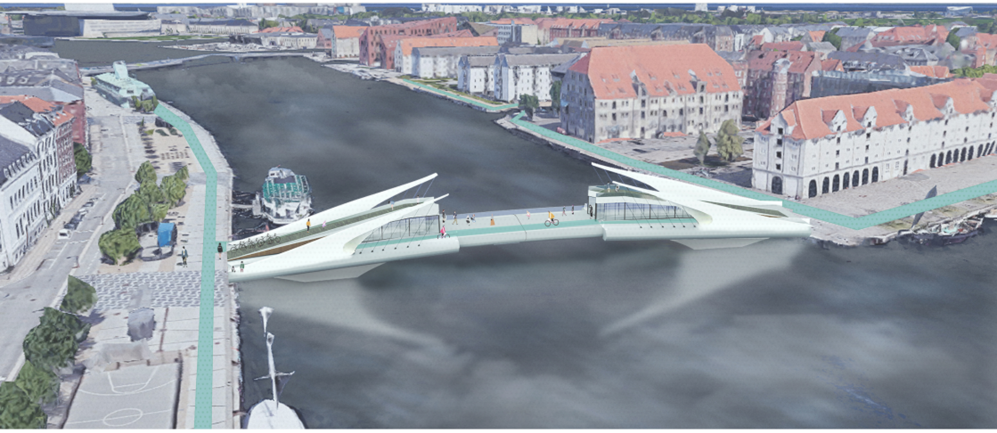 Aerial view of TWOBRO bridge connecting Indre By and Christianshavn across Copenhagen’s waterfront.