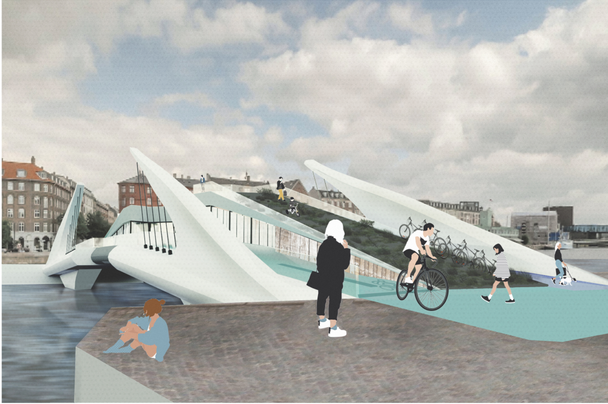 Cyclists and pedestrians share the green promenade of the sculptural sustainable urban bridge.