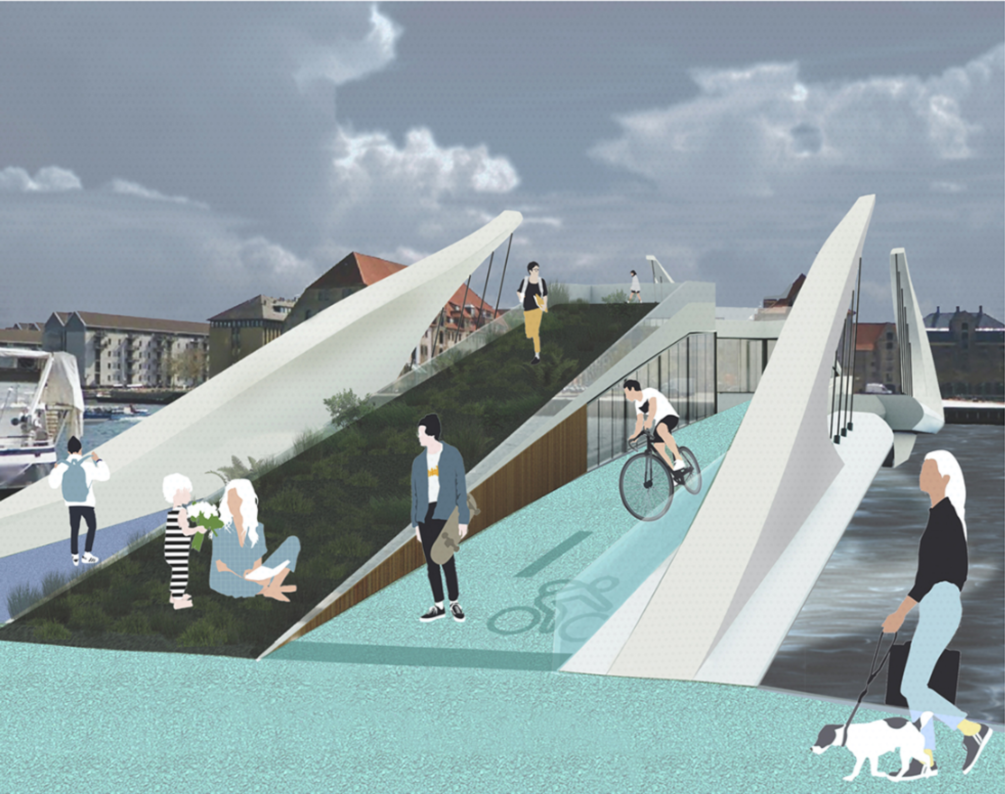Elevated landscape roof integrates public space, cycling paths, and panoramic waterfront views.