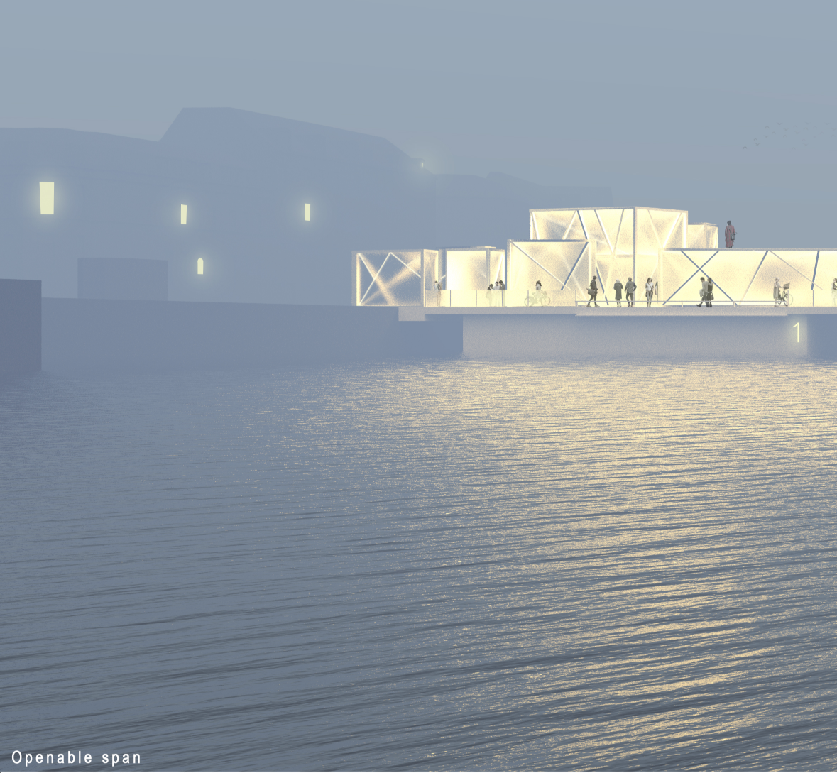 Illuminated modular pontoons forming the reconfigurable openable span over the river.
