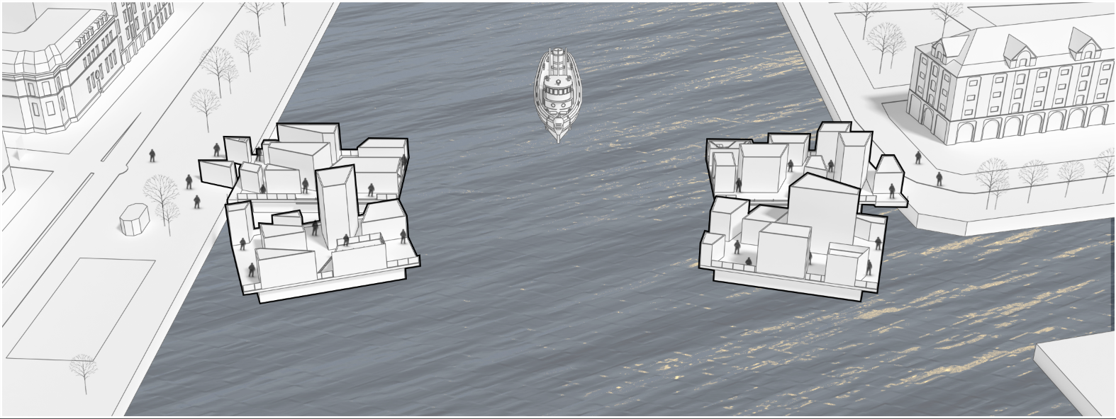 Floating bridge modules detached and repositioned, enabling dynamic urban waterfront connections.