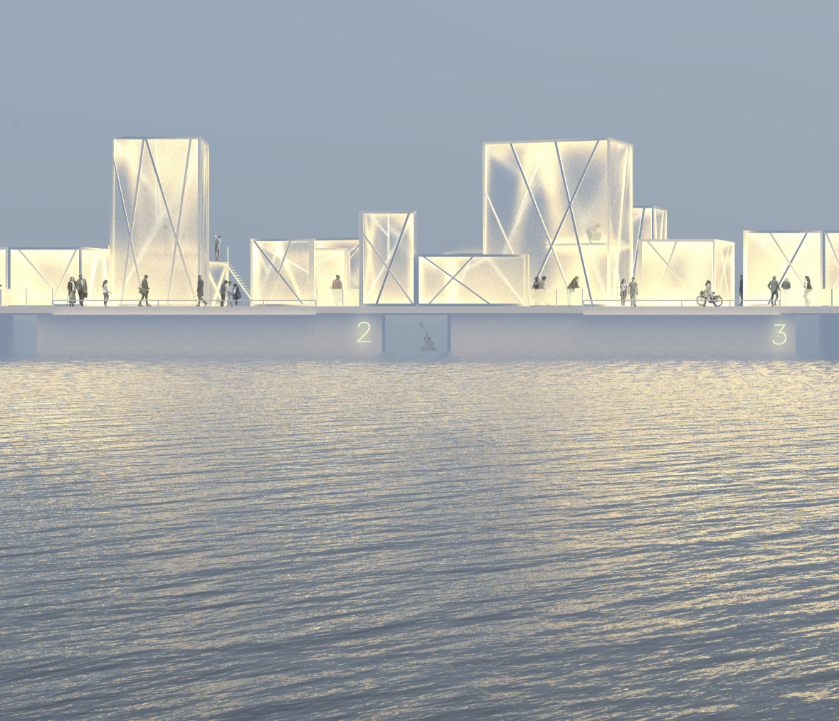 Multifunctional pavilion volumes arranged along the pontoon bridge for cycling and pedestrian flow.