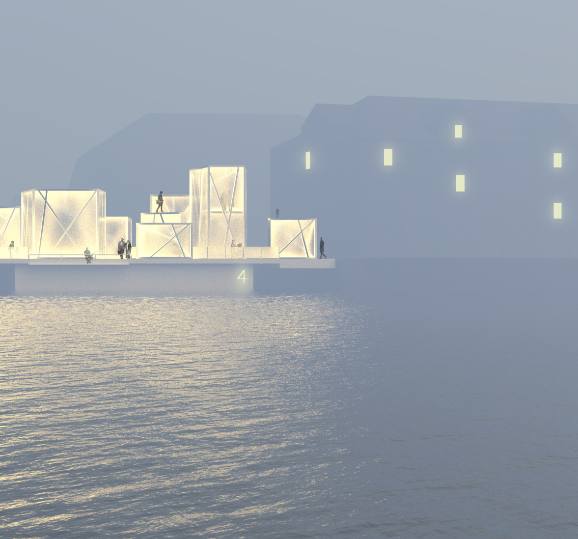 Reassembled pontoon cluster creating a new spatial sequence and public gathering node.