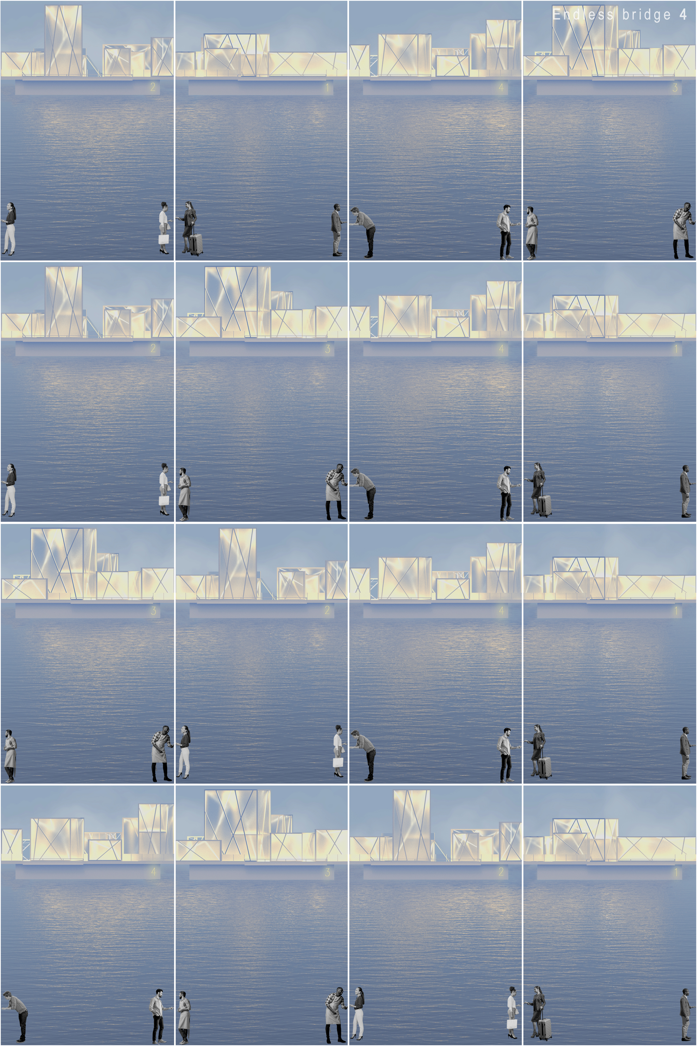 Multiple bridge configurations illustrating 122 possible spatial combinations and daily transformation.