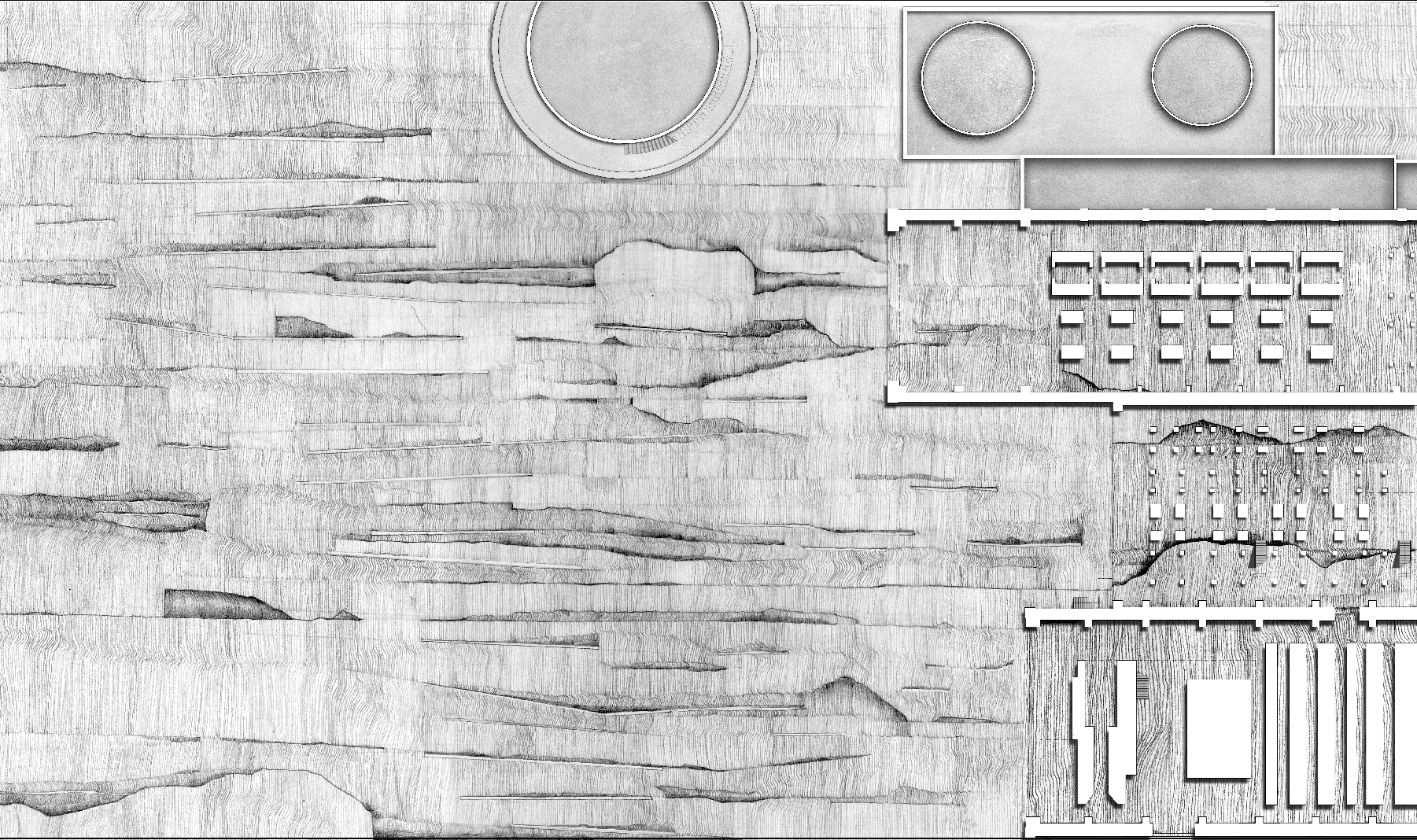 Layered terrain plan revealing erosion-driven ground formations and sectional excavation strategy.