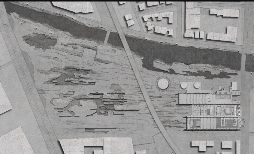 Urban site plan illustrating fragmented river corridors and adaptive industrial reuse.