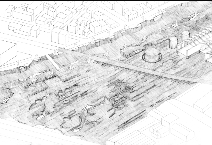 Axonometric drawing showing carved topographies and diagonal pedestrian connections.
