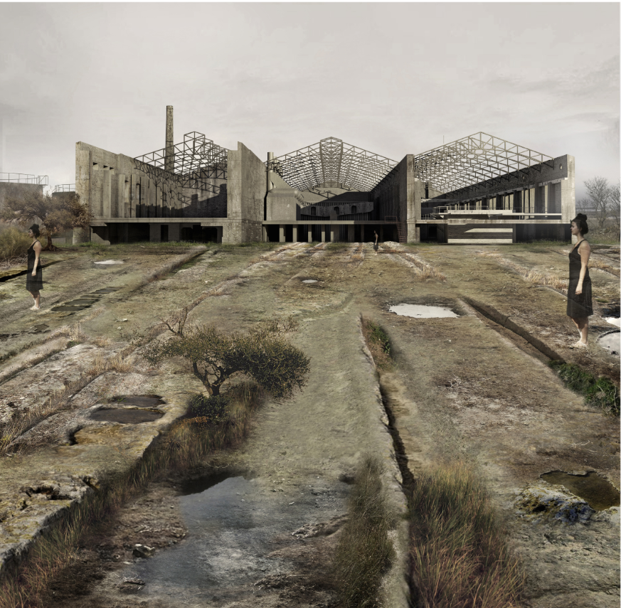 Perspective view of the reactivated power station embedded within a reshaped river landscape.