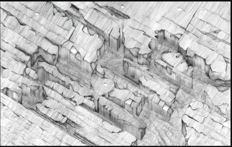Detail study of eroded landforms transforming terrain into inhabitable voids.