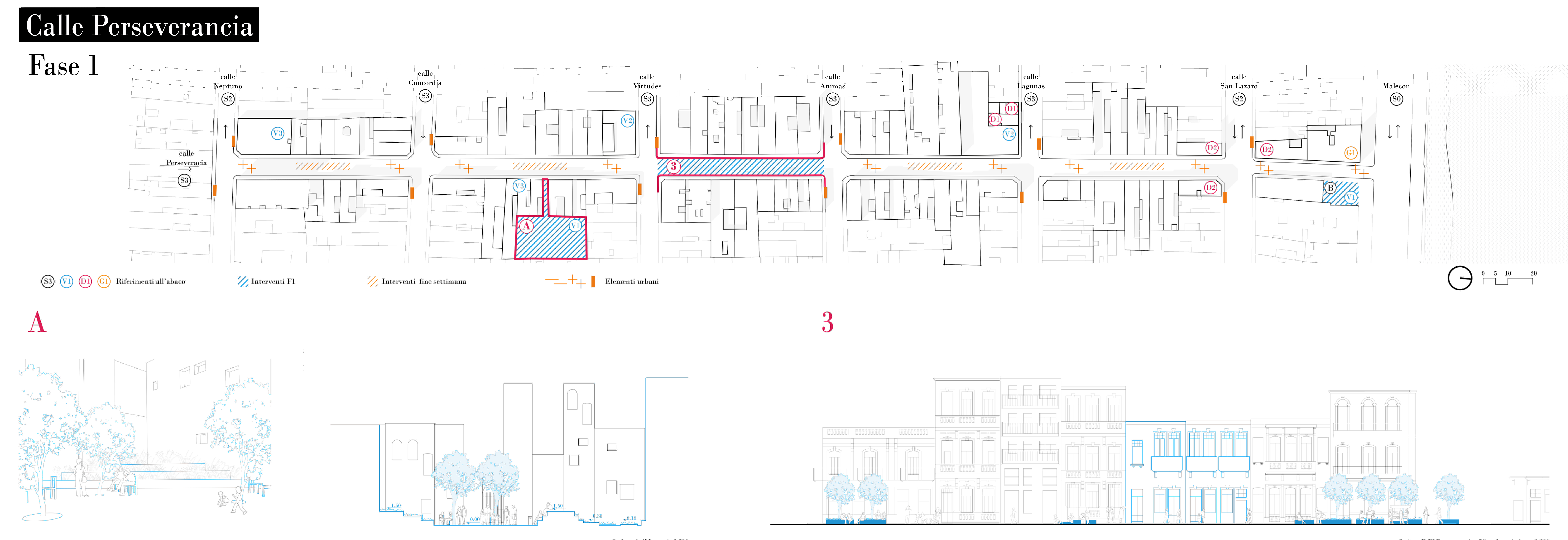 Phase 1 strategy introducing tactical public space interventions and traffic calming along Calle Perseverancia.
