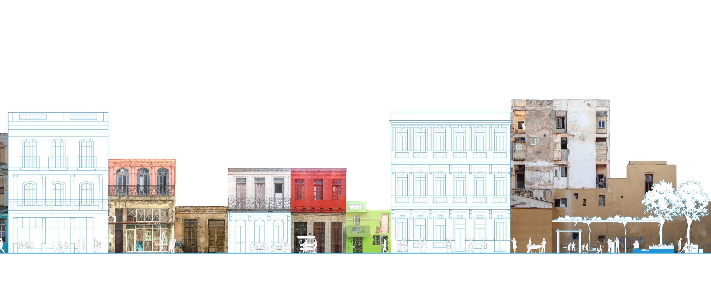 Facade study illustrating historic preservation combined with contemporary urban regeneration overlays.