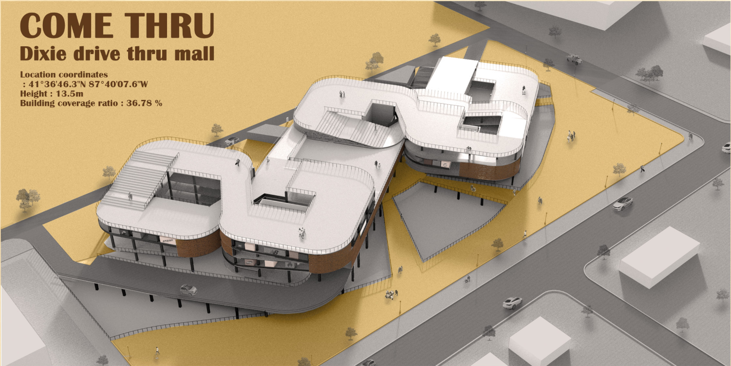 Aerial view of COME THRU – a hybrid drive-through retail mall redefining mixed-use commercial architecture.