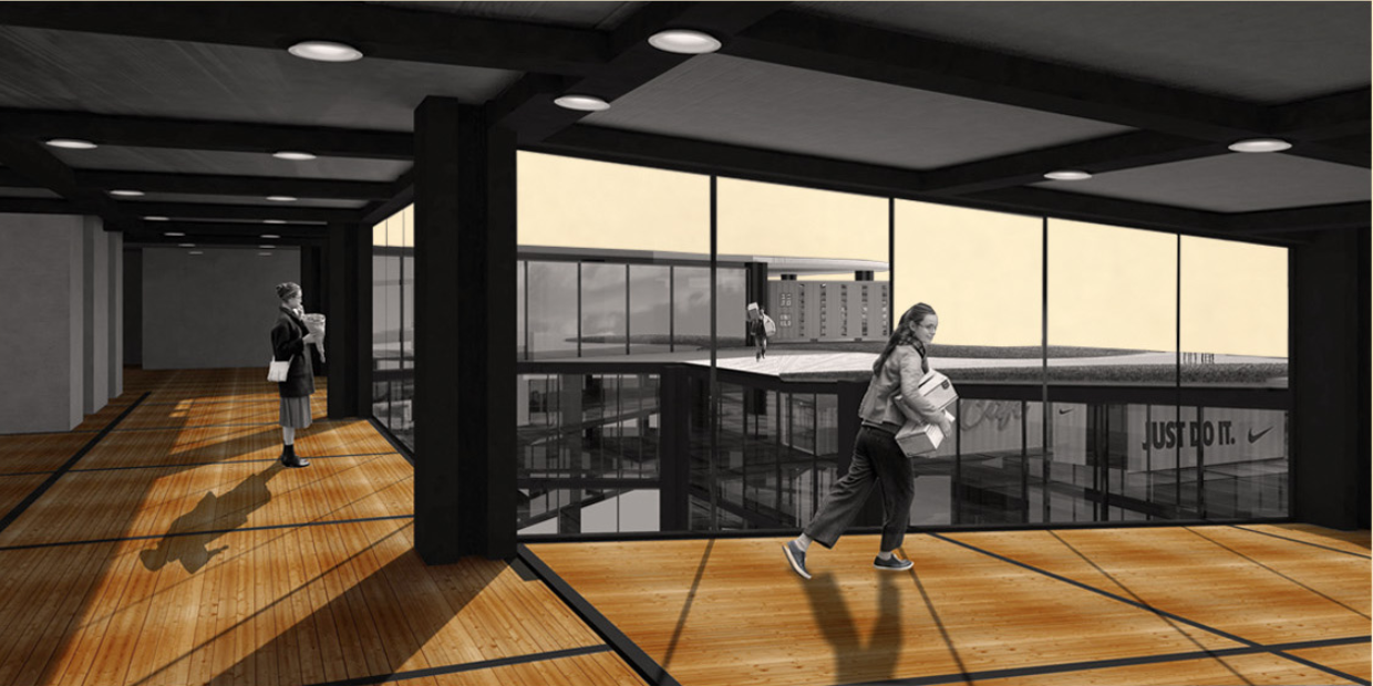 Elevated pedestrian deck connecting retail levels with visual access to the central courtyard.