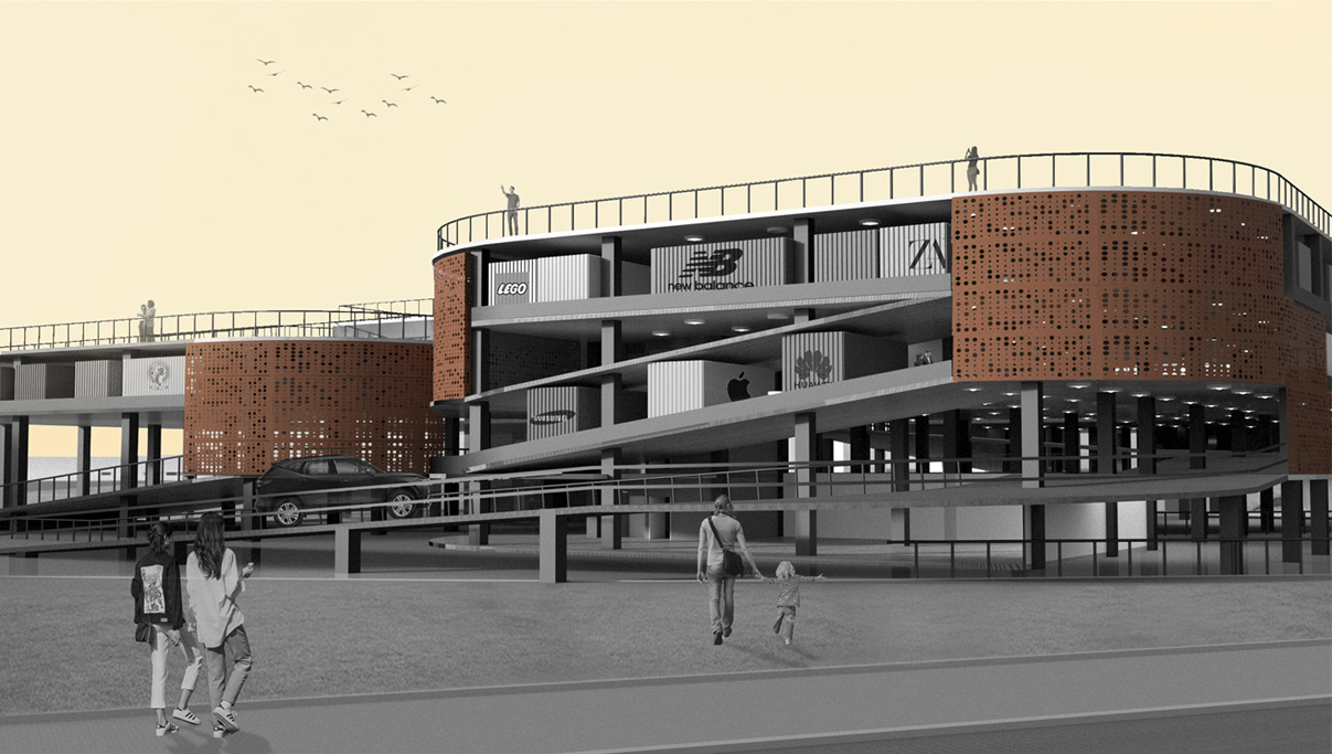 Continuous drive ramp weaving through the building mass, merging mobility and retail.