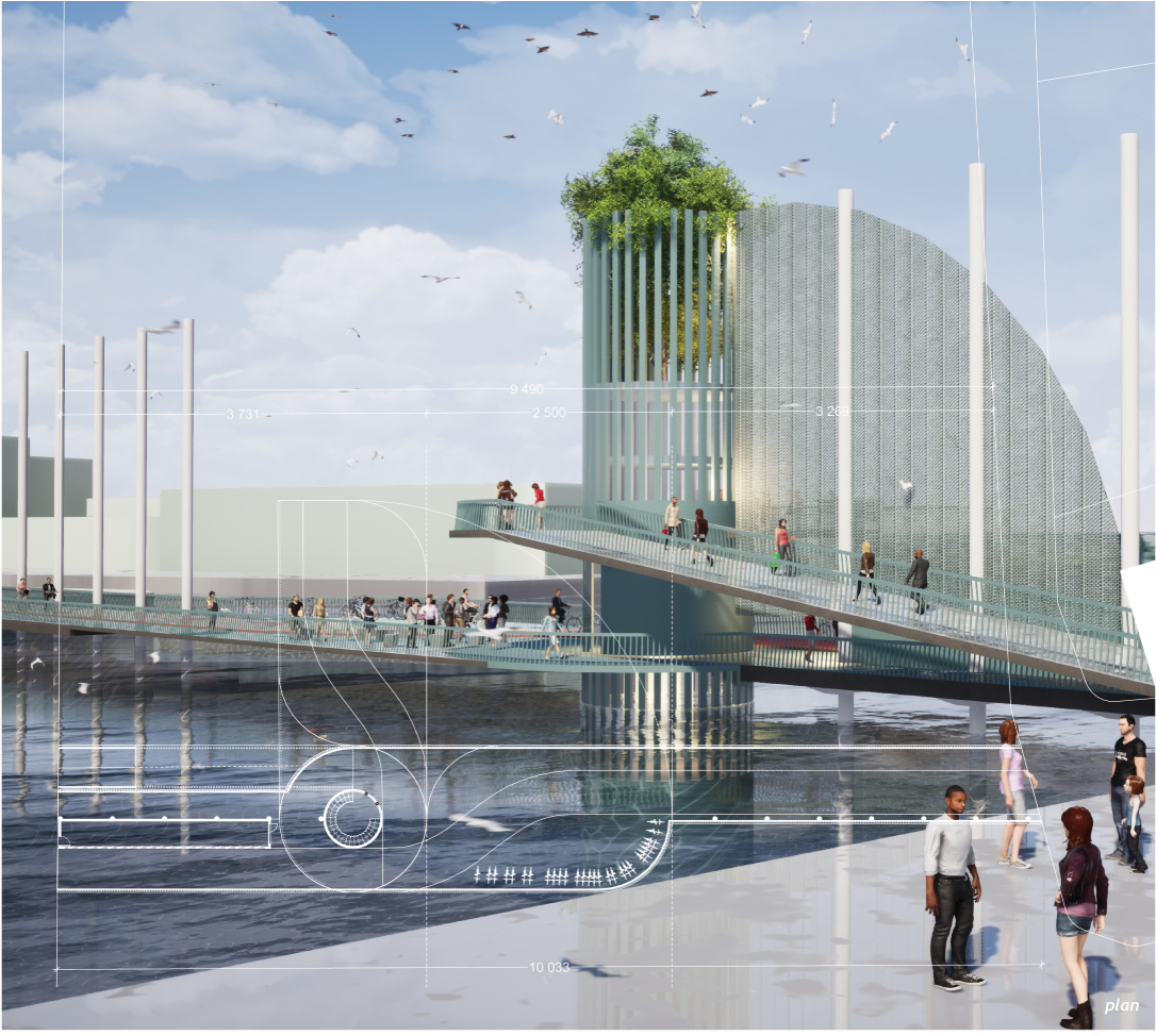 A layered pedestrian and cycling bridge integrates public space, biodiversity, and waterfront views.