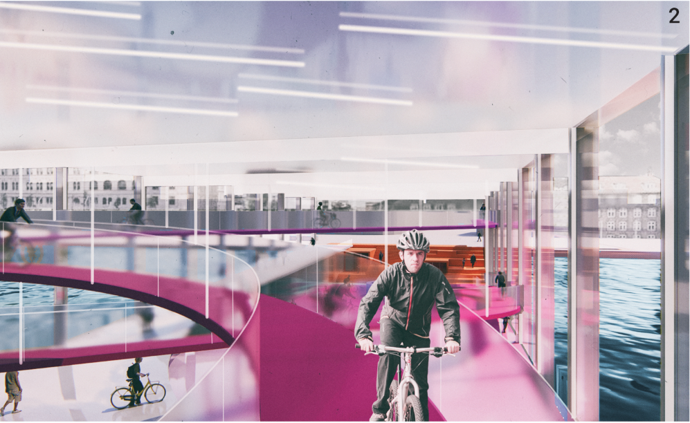 The elevated cycle ramp curves through glass walls, merging speed, light, and water views.