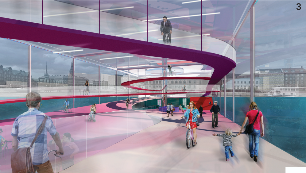 Layered circulation spirals through the floating bridge, blending movement with panoramic waterfront vistas.