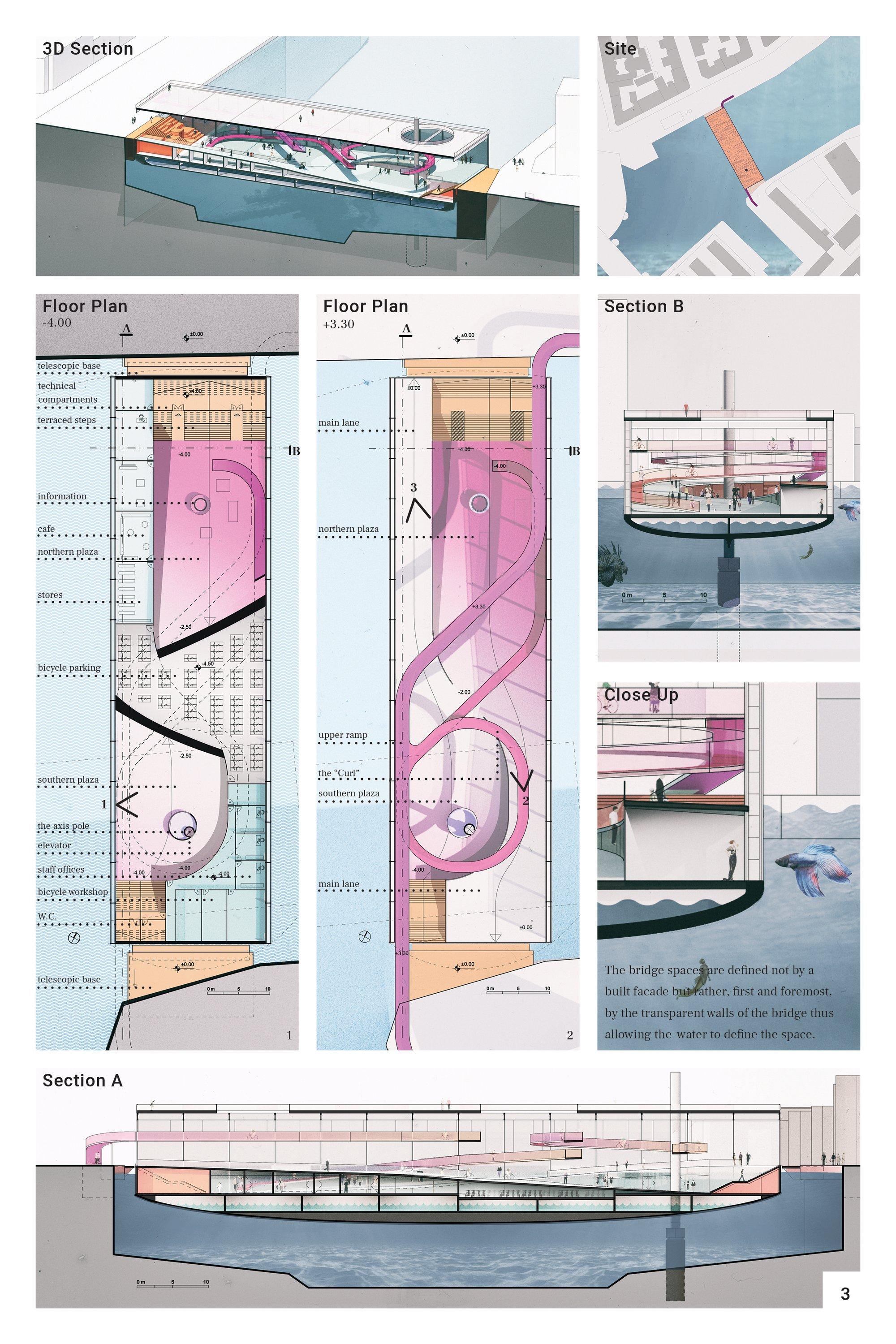 Sectional drawings reveal the ship-inspired floating structure and underwater public plaza.