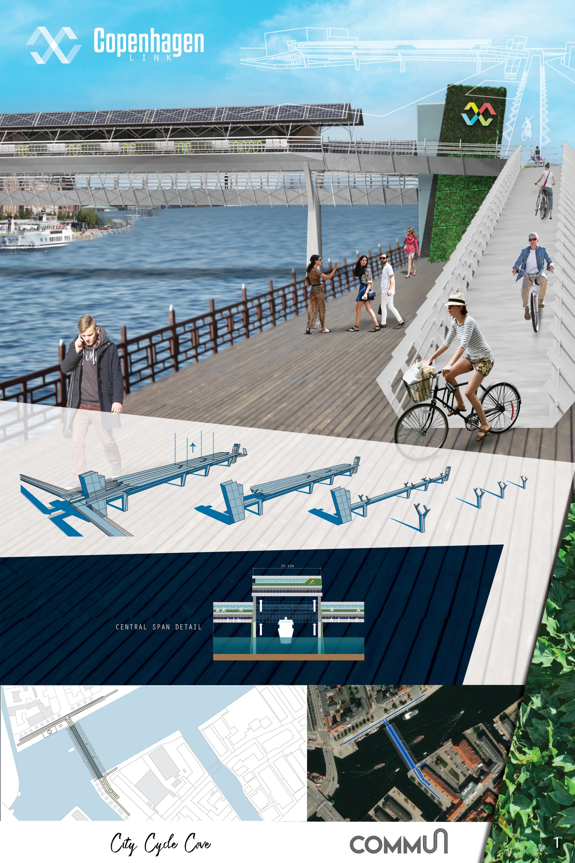Copenhagen Link integrates cycling lanes, pedestrian pathways, and solar infrastructure into a vibrant waterfront bridge.