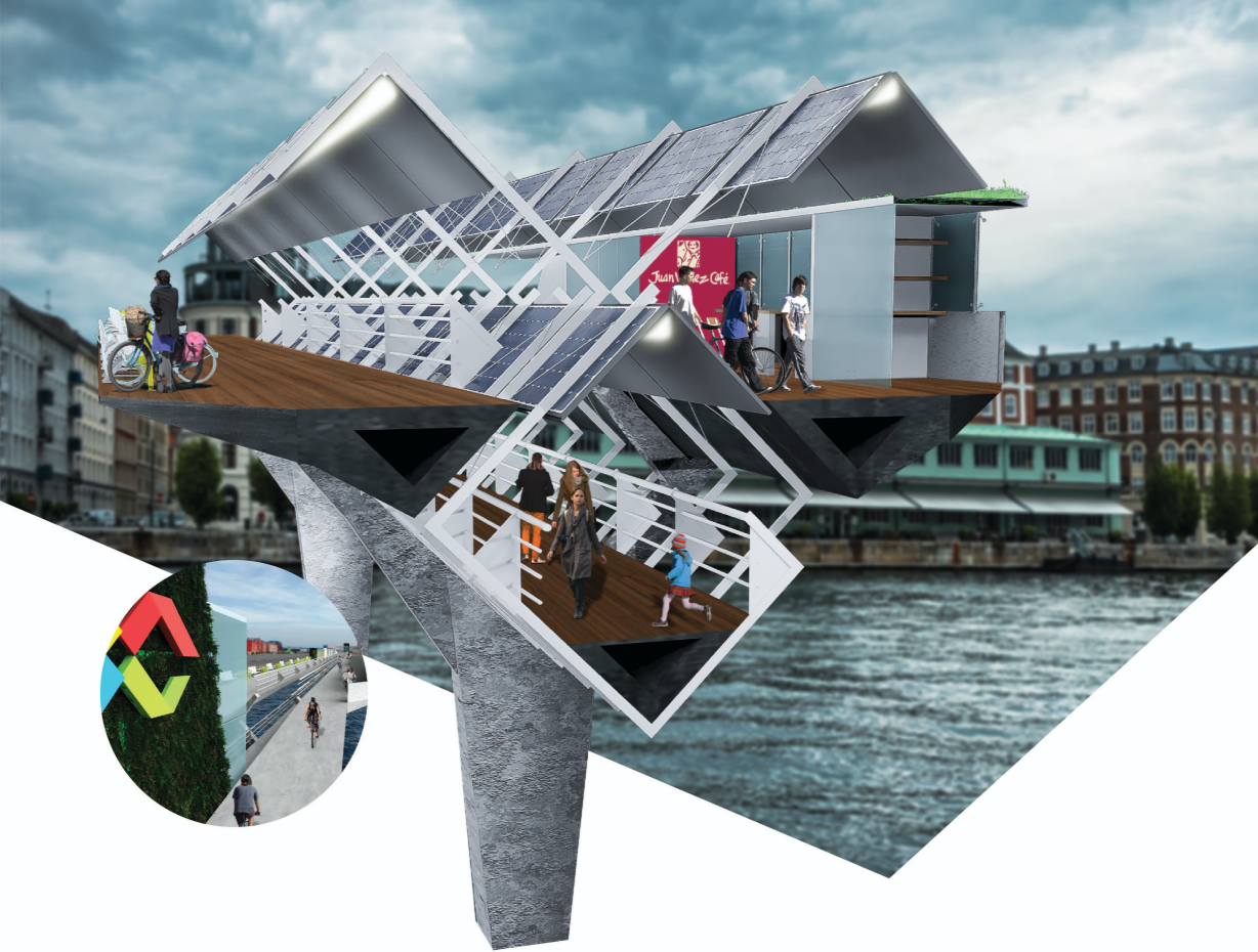 Layered circulation design separates cyclists and pedestrians while activating the bridge with cafés and retail spaces.
