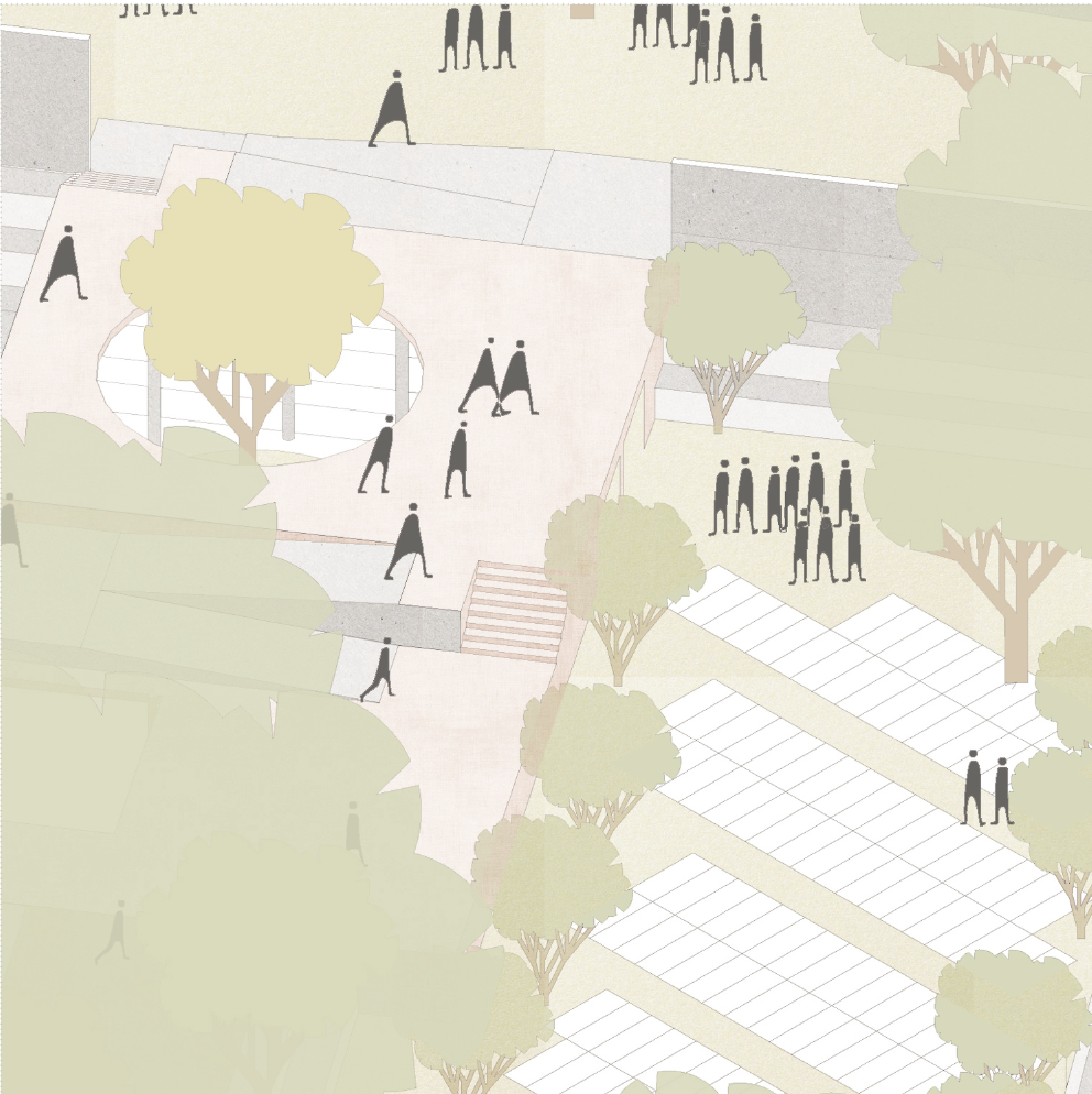  Public park terrace mediating movement and gathering.