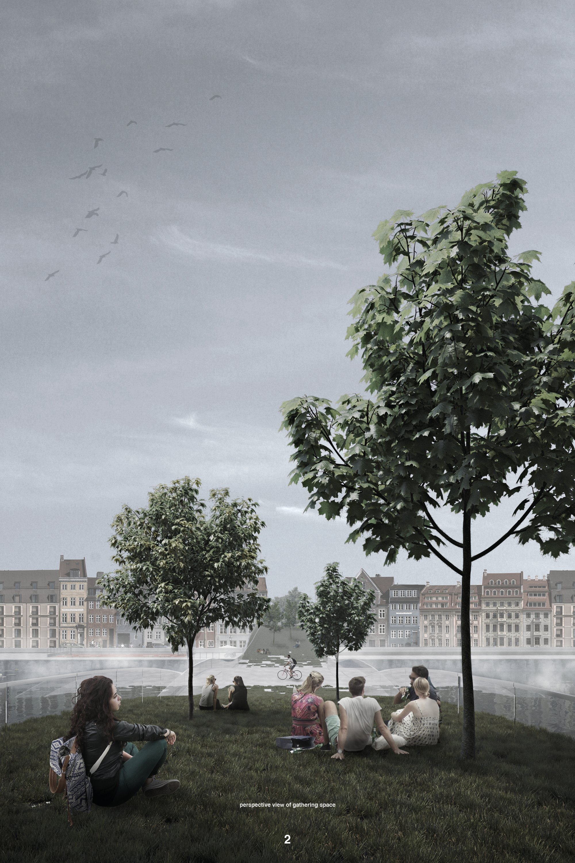Green rooftop landscape transforms the bridge into a social park overlooking the river.