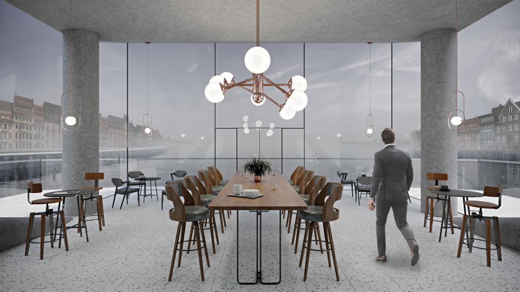 Integrated café space framed by panoramic river views within the bridge structure.