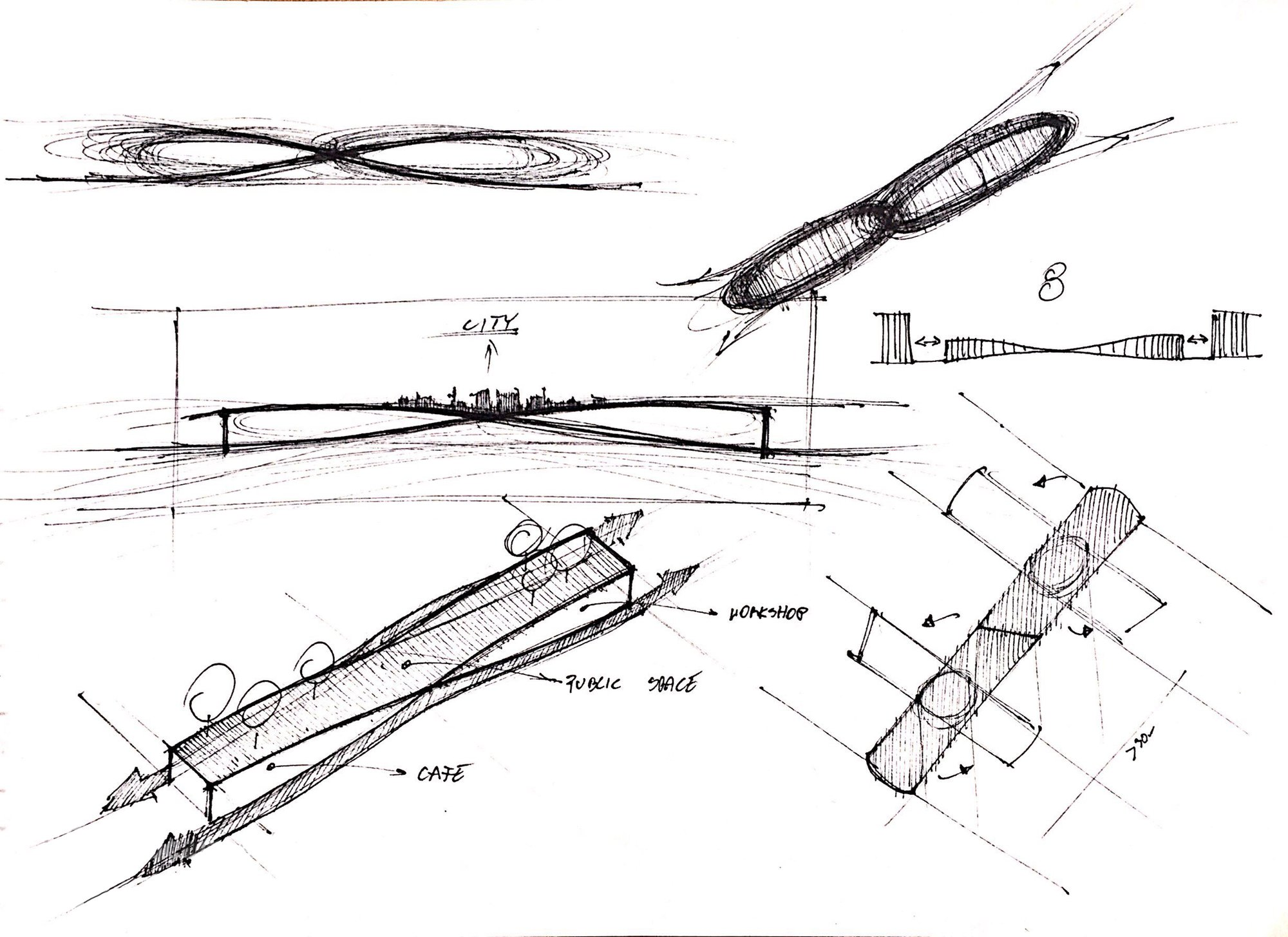 Early design sketches exploring the rotating mechanism, public space integration, and green roof concept. 