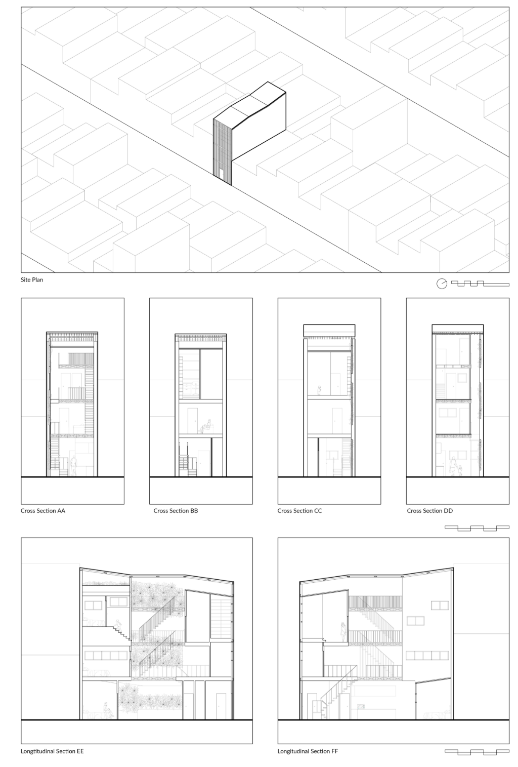 A narrow urban infill home articulated through vertical circulation and integrated light wells.