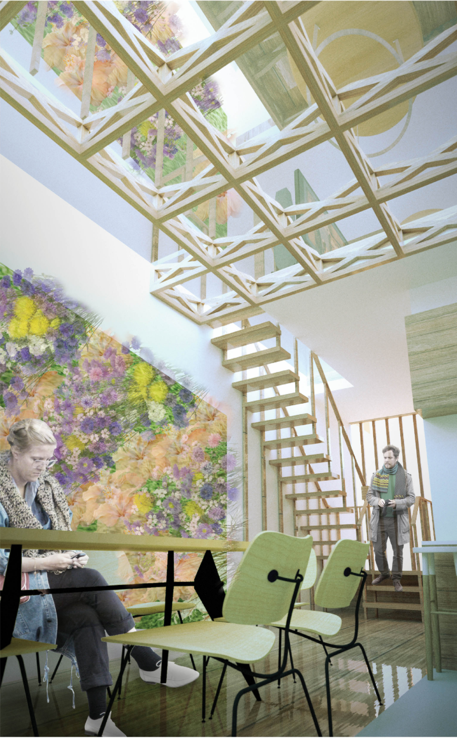 Sunlight cascades through a timber lattice ceiling, connecting floors through openness and nature. 