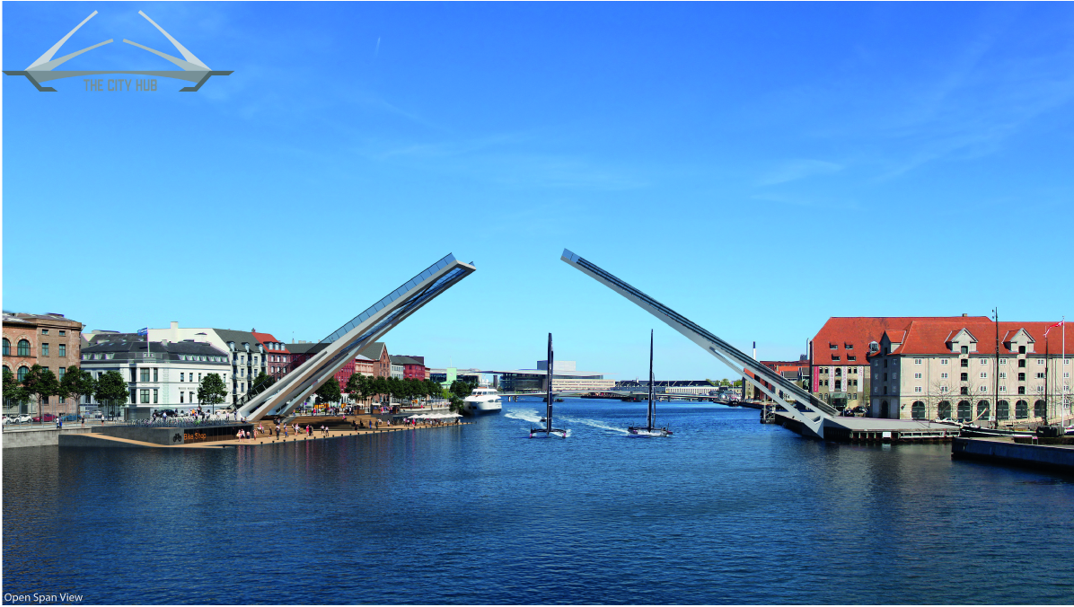 The 50m bascule leaves rise dramatically, transforming the bridge into a kinetic landmark on Copenhagen’s waterfront.
