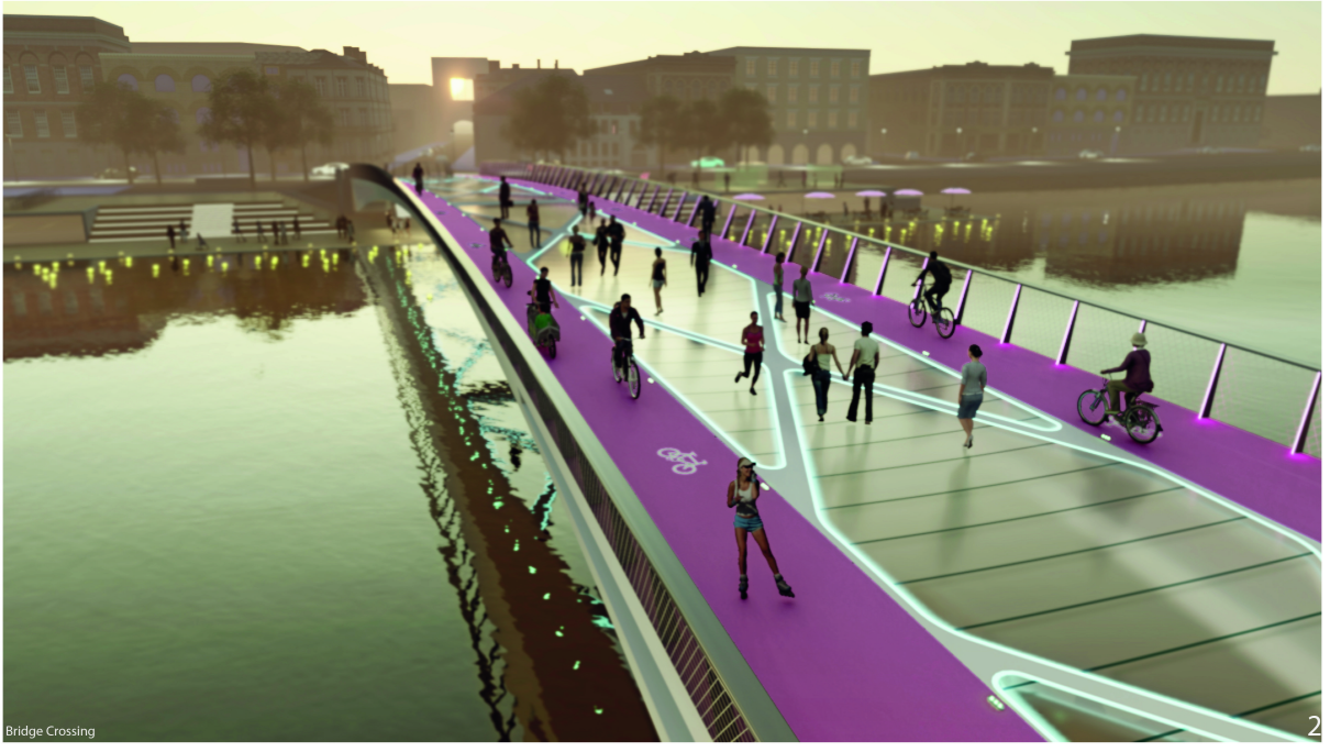 Separated cycle lanes and pedestrian paths create a safe, vibrant corridor for zero-carbon urban mobility.