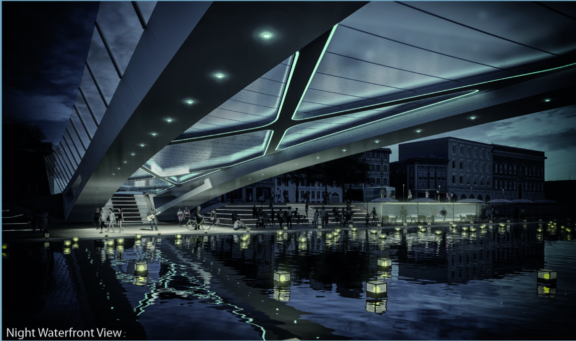 Illuminated structural geometry reflects on the canal, turning infrastructure into a luminous civic stage.