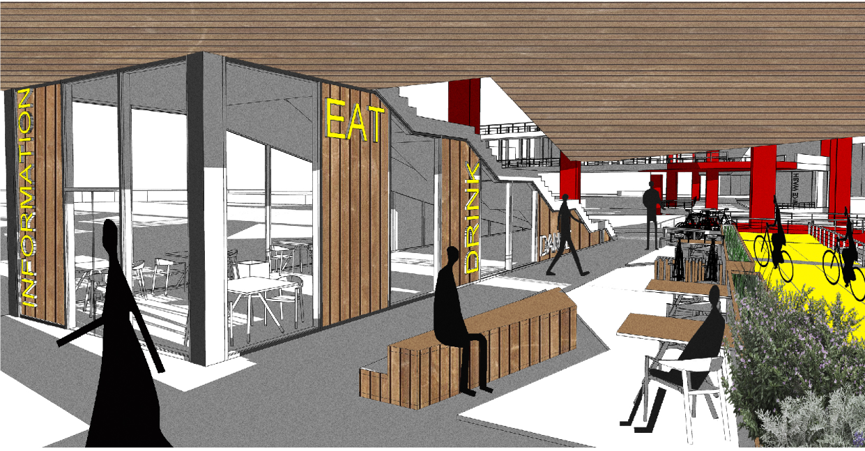 Café and interaction zones activate the lower level, blending transit with everyday urban life.