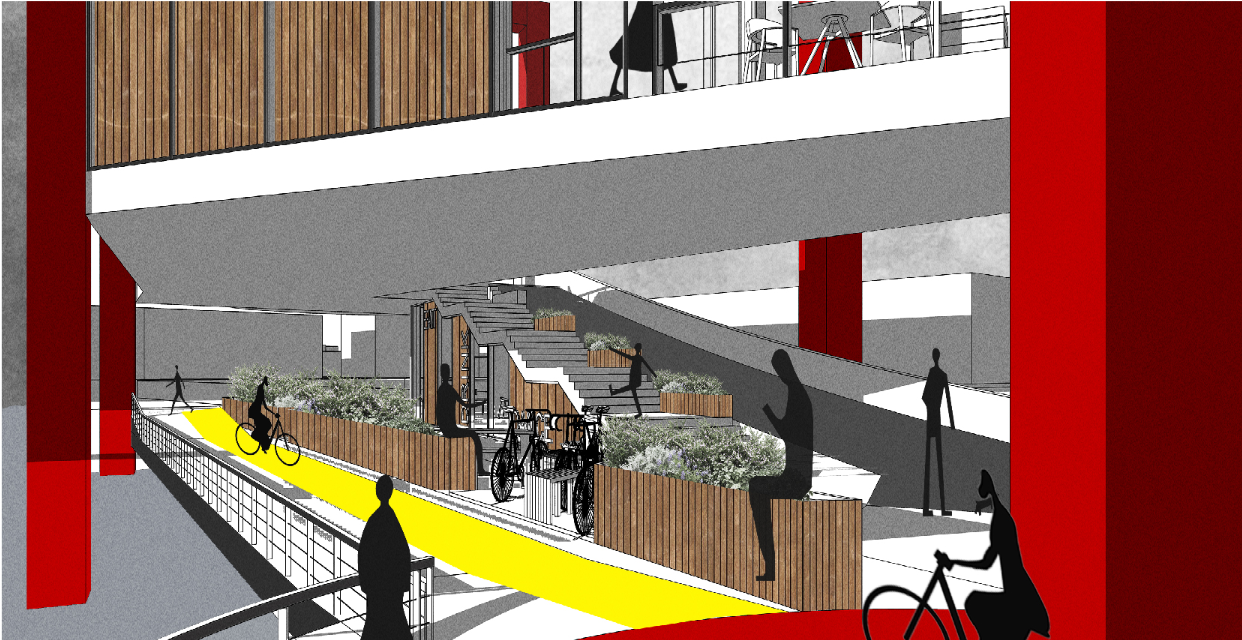 Dedicated cycling paths and green buffers promote sustainable mobility across the river.