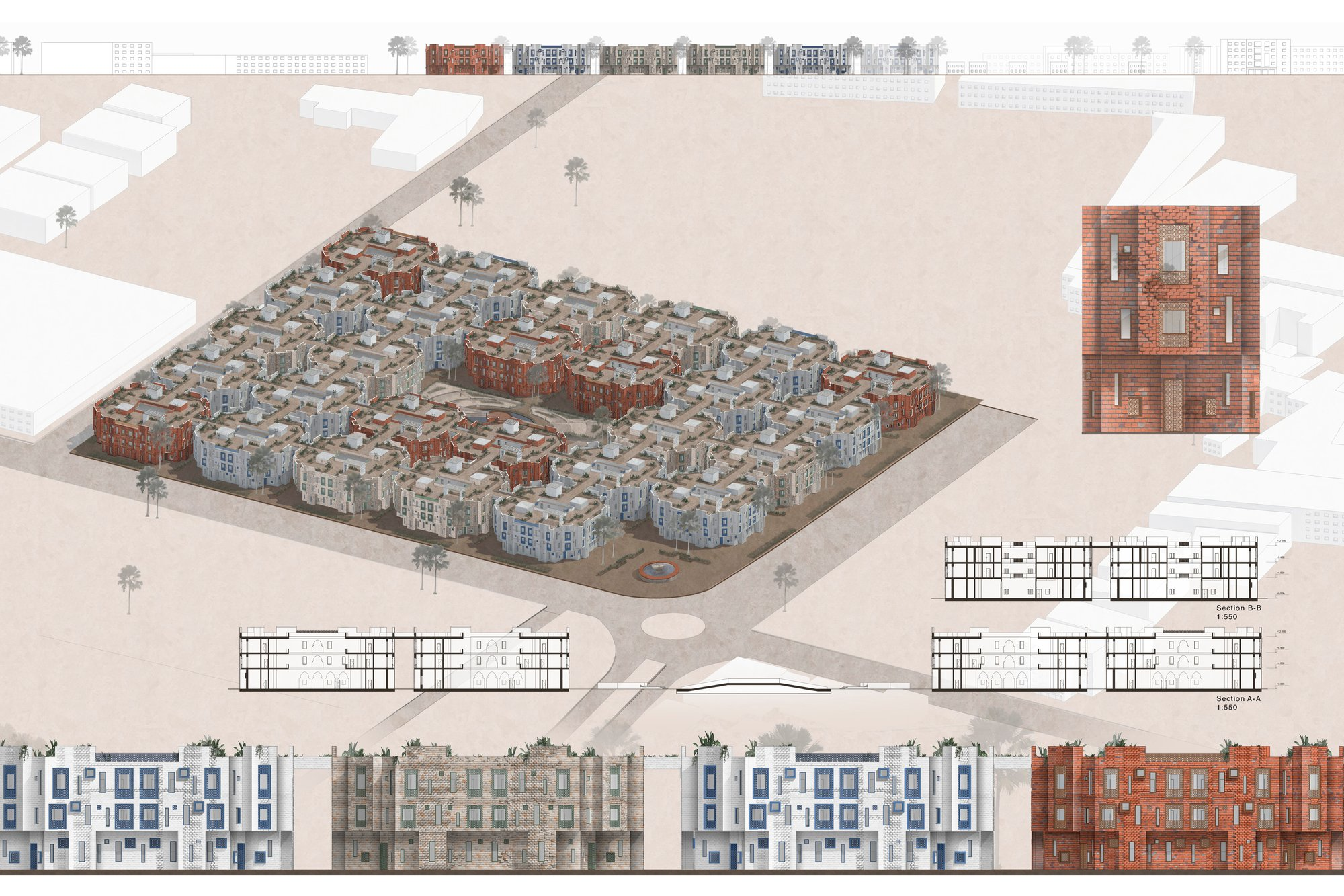 Axonometric masterplan showing the clustered senior housing blocks organized around layered communal courtyards.